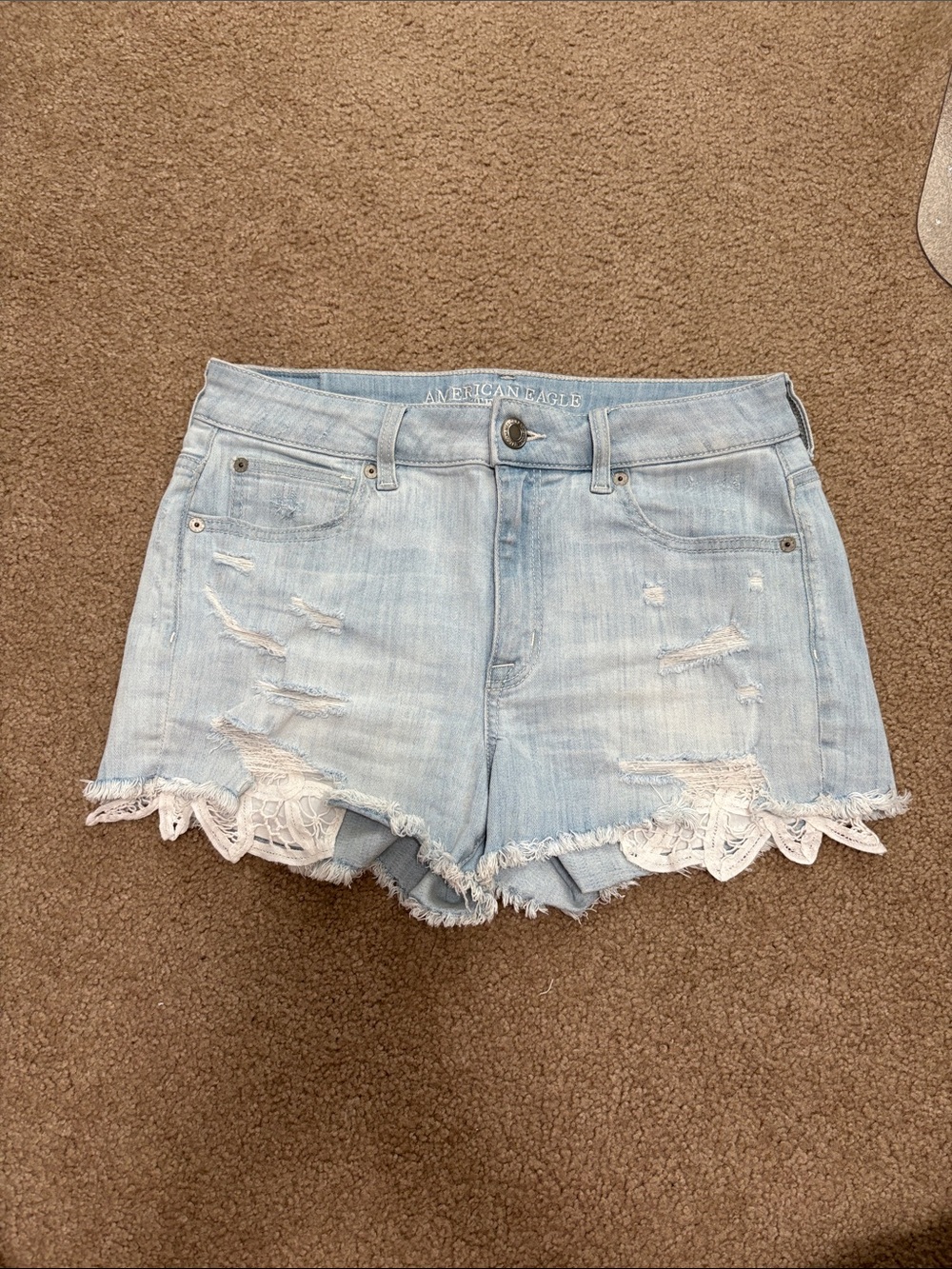 American Eagle Outfitters Light Wash Lace-Trim Denim Shorts